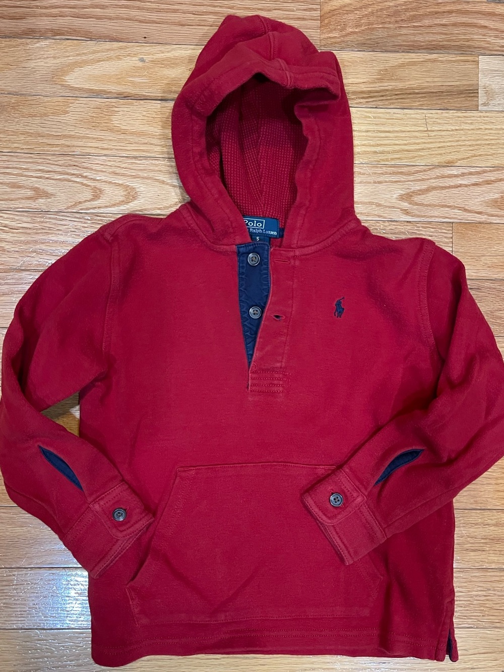 Polo by Ralph Lauren Red Hooded Henley Pullover with Navy Trim